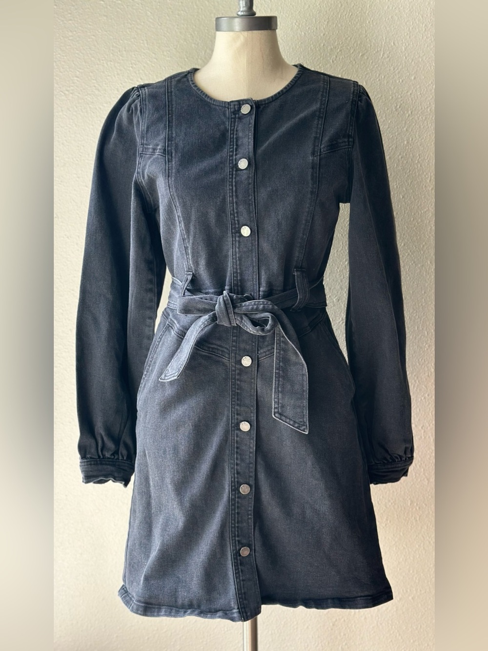 Habitual Washed Black Button-Front Tie-Waist Long Sleeve Dress